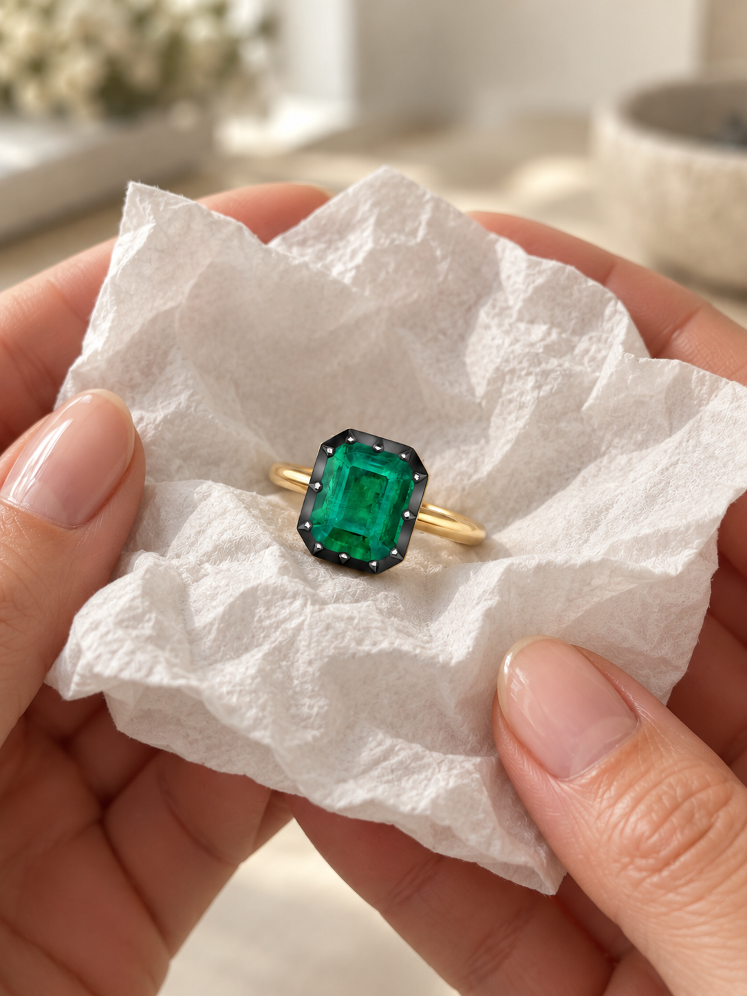 Emerald Cut Natural Emerald Ring Georgian Cut-Down 18K Blackened White & Yellow Gold