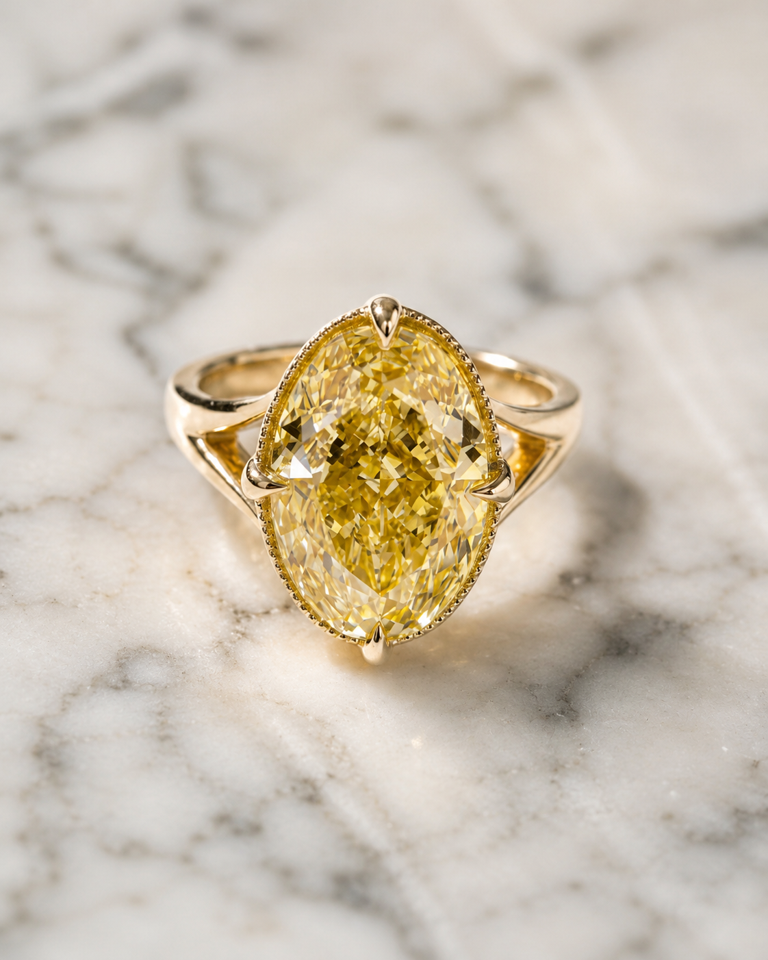 Fancy Yellow Oval Lab Grown Diamond Engagement Ring – Milgrain Bezel, 14K Gold