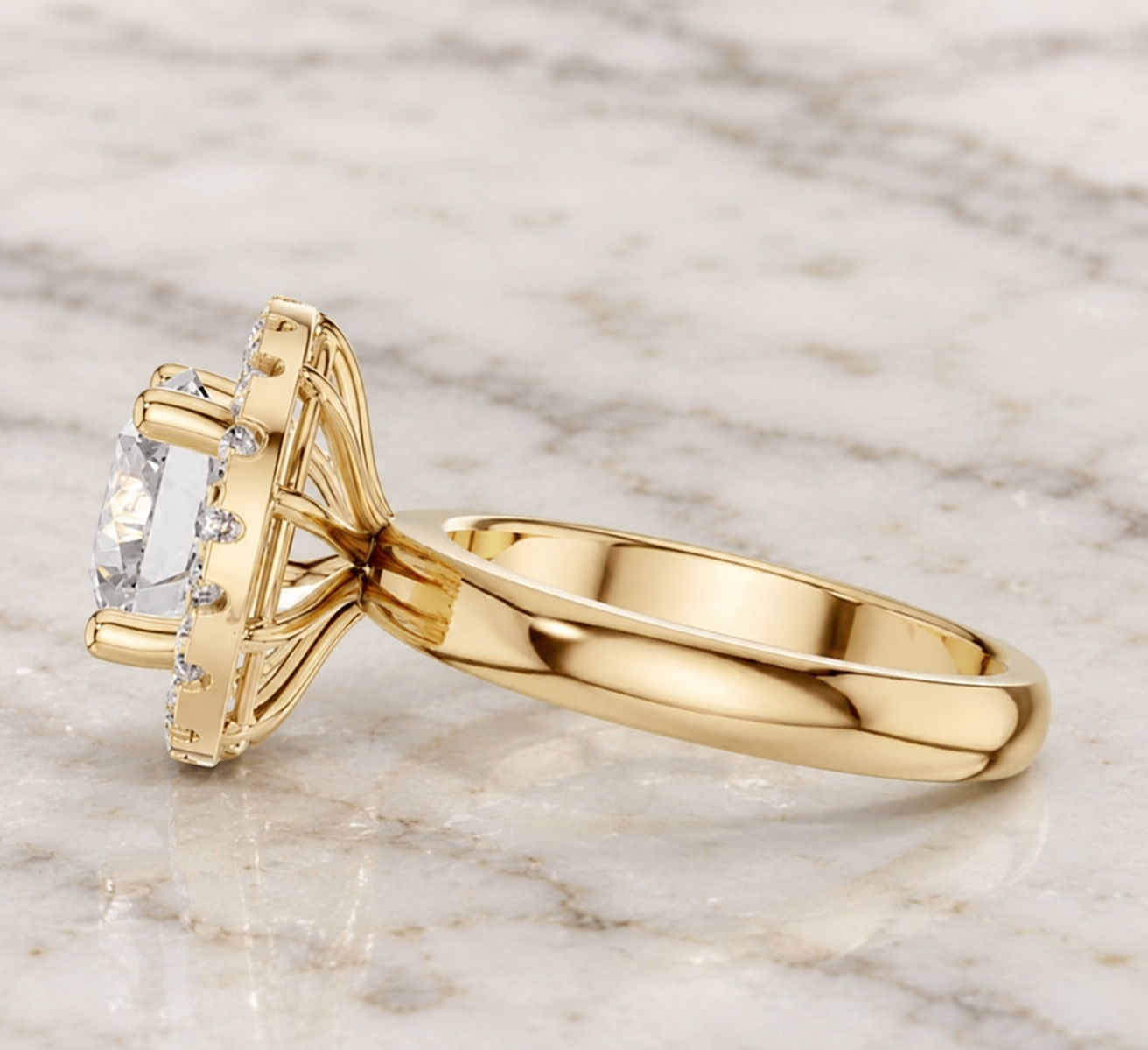Round Lab Grown Diamond Engagement Ring Vintage Halo 18K Yellow Gold IGI Certified