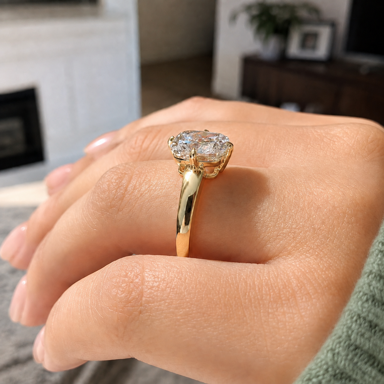 Cushion Cut Lab Grown Diamond Engagement Ring Four Prong Solitaire 14K Yellow Gold E VVS2 Elongated