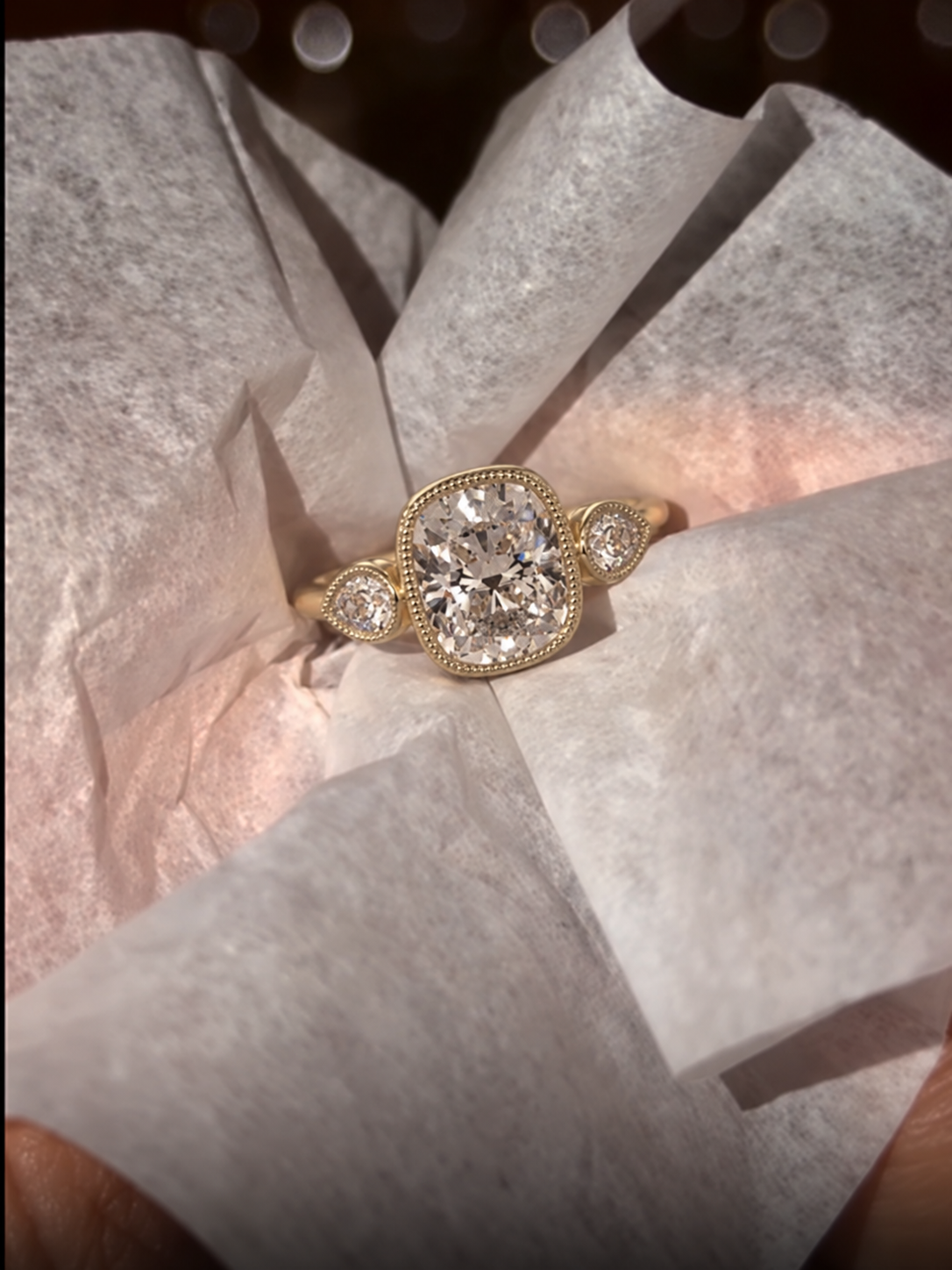 Cushion Lab Grown Diamond Engagement Ring Three Stone Pear Accent 14K Rose Gold Bezel Milgrain Setting