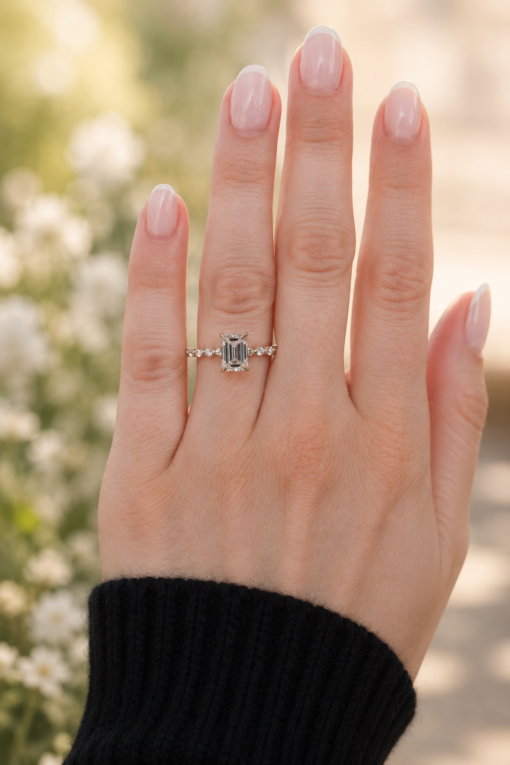 Emerald Cut Lab Grown Diamond Engagement Ring Solitaire 14K Yellow Gold Shared Prong Diamond Shank