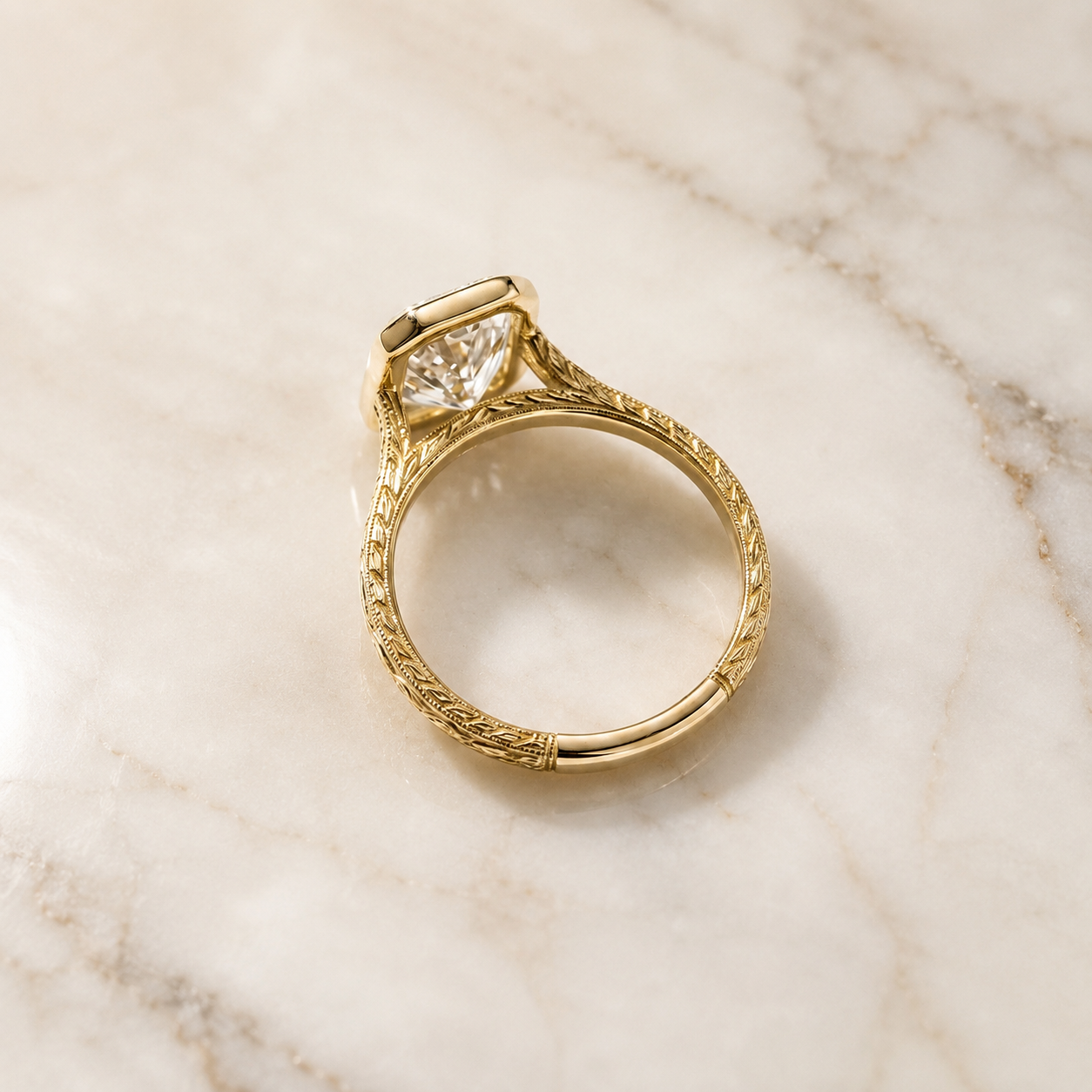 Radiant Lab Grown Diamond Engagement Ring Bezel 14K Yellow Gold Hand-Engraved Milgrain Band