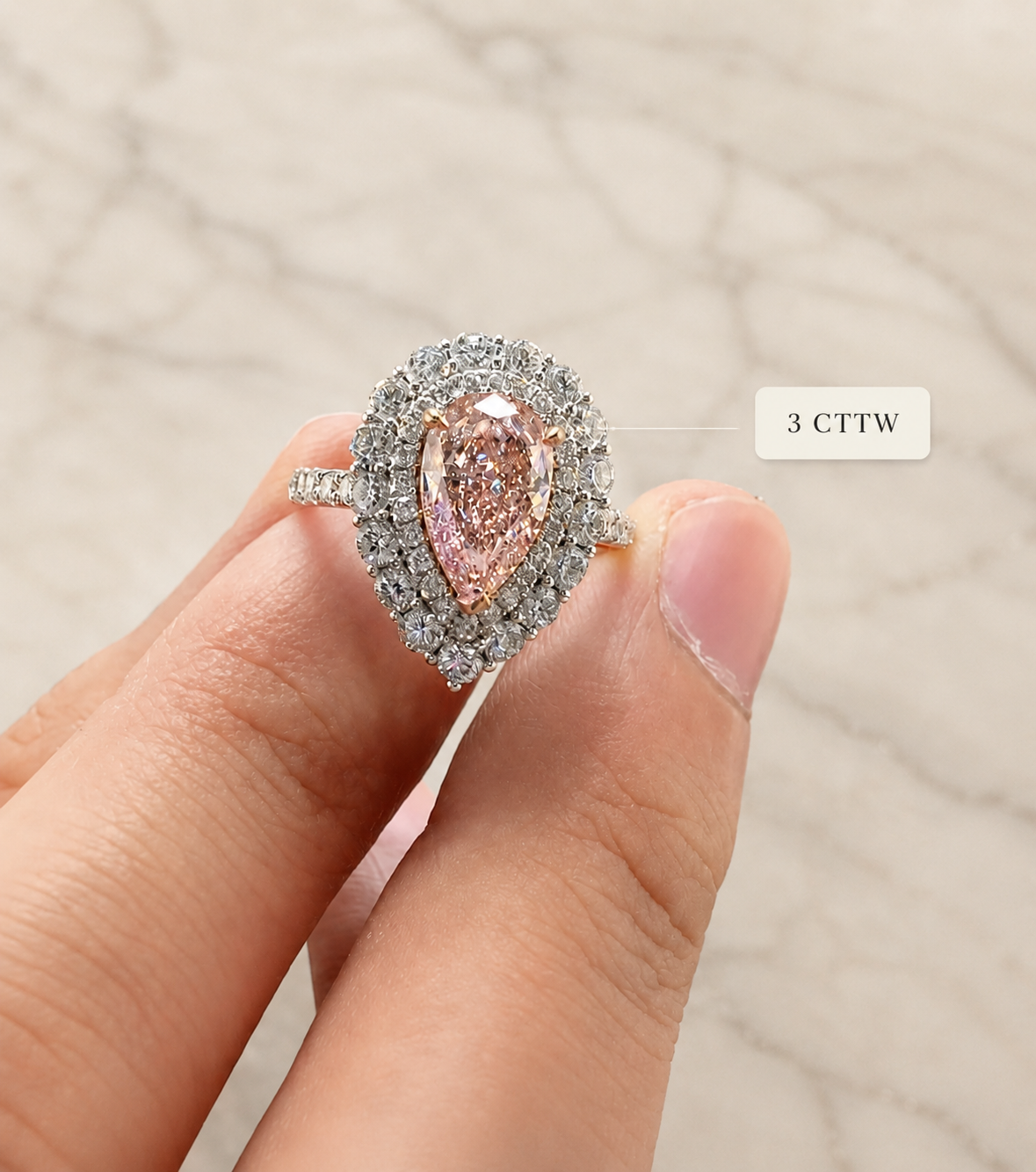 Pink Pear Lab Grown Diamond Engagement Ring Double Halo Two-Tone 14K Gold Rose Gold Prongs