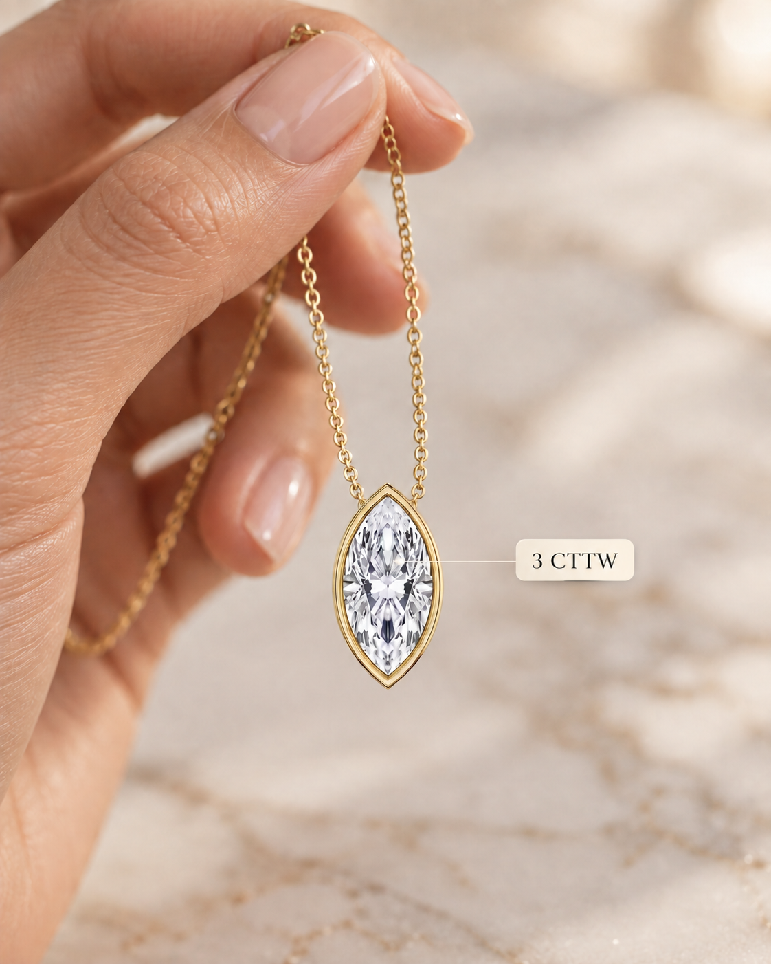 Marquise Lab Grown Diamond Pendant Necklace Bezel Solitaire 14K Yellow Gold IGI Certified 2ct