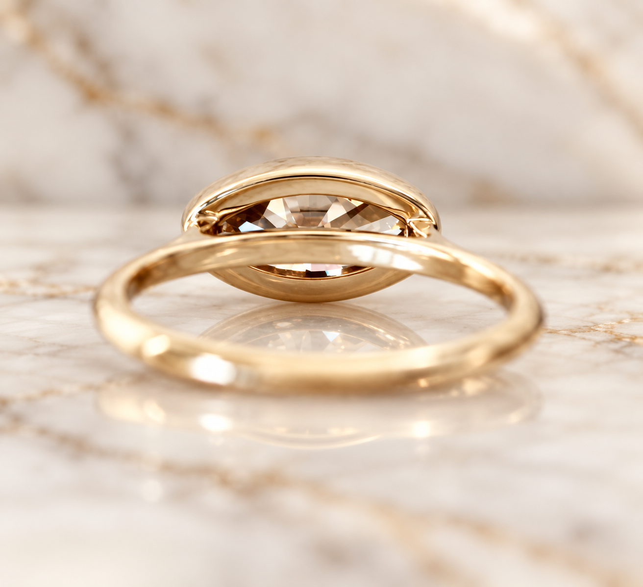 Champagne Moval Diamond Engagement Ring Bezel Set 14K Yellow Gold East West Moval