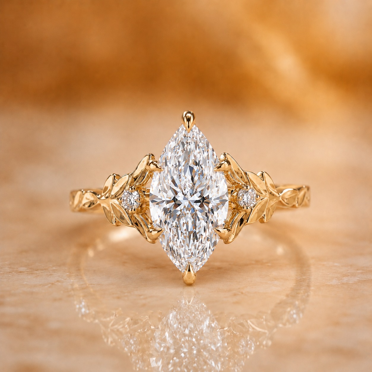 3.02ct Marquise Lab Grown Diamond Engagement Ring – 14K Yellow Gold Floral Leaf Setting