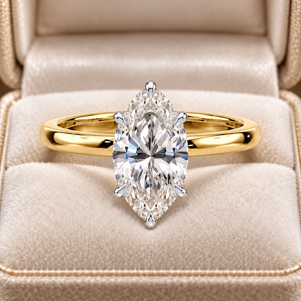 Marquise Lab Grown Diamond Engagement Ring Solitaire Two Tone 14K Yellow Gold IGI Certified