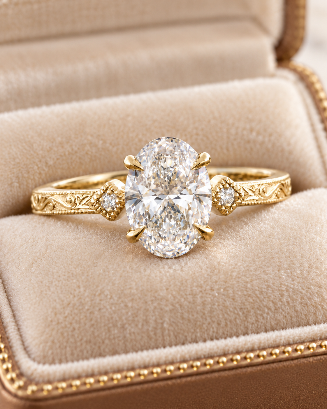 Oval Lab Grown Diamond Engagement Ring Three Stone 14K Yellow Gold Hand-Engraved Vintage Setting