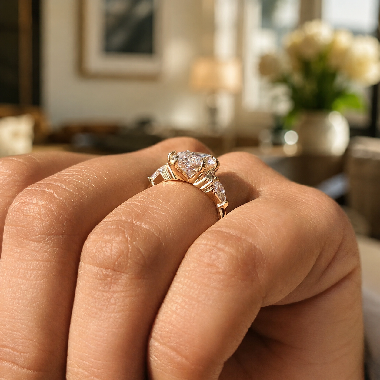 Marquise Lab Grown Diamond Engagement Ring Cluster Kite & Round Accents 14K Yellow Gold Artistic Halo Setting