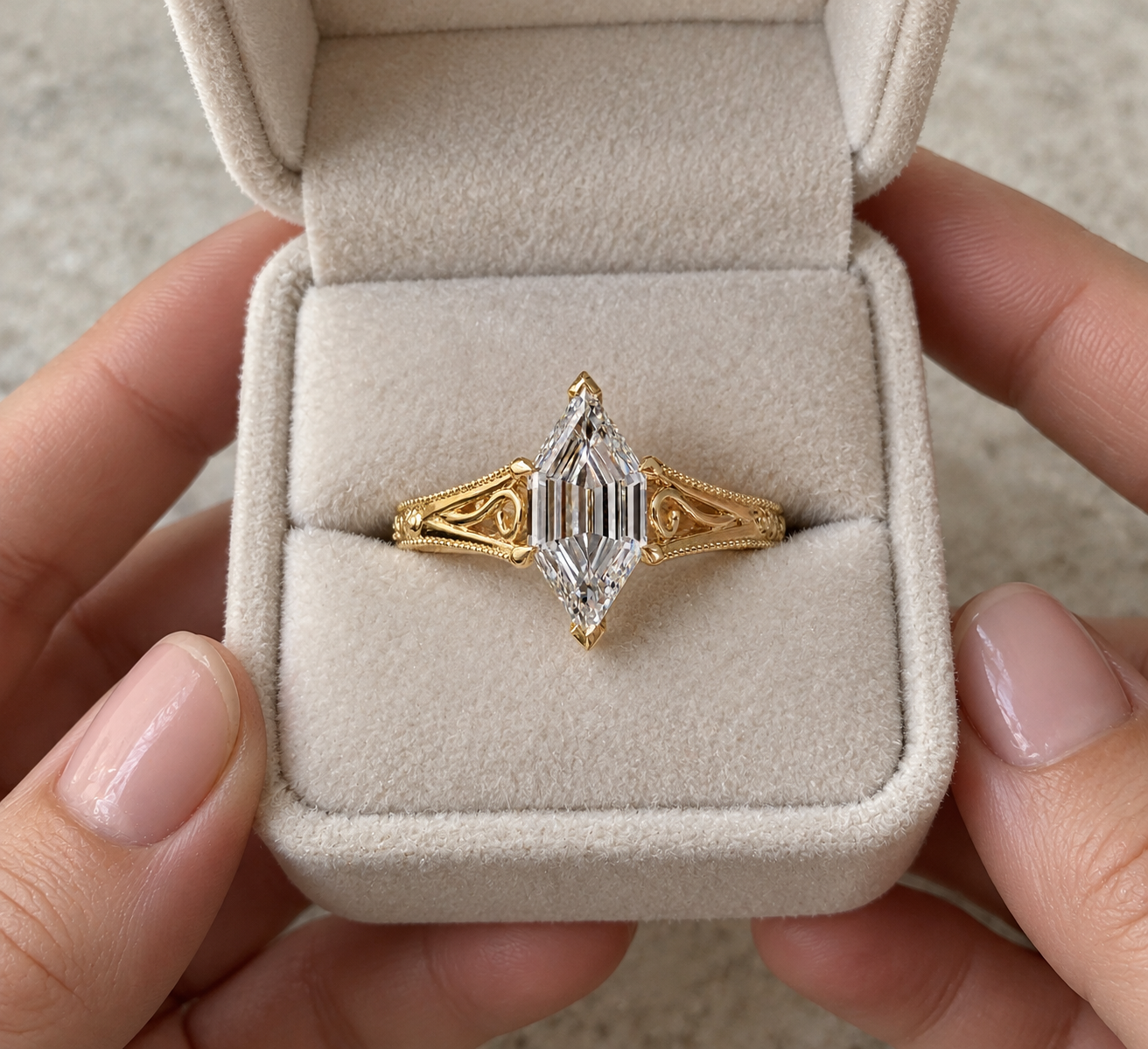 Hexagon Lab Grown Diamond Engagement Ring Vintage Milgrain Solitaire 14K Yellow Gold IGI Certified