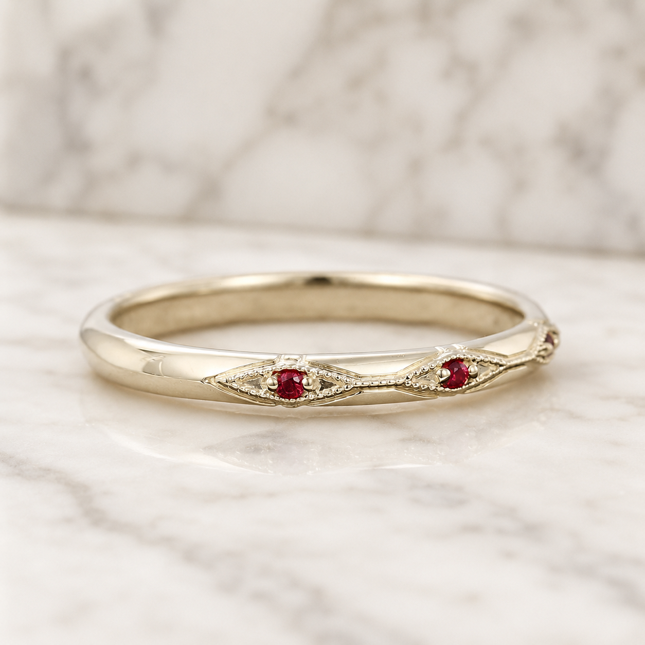 Ruby Lab Grown Promise Ring – Vintage Milgrain Dainty Band – Sentimental Gift for Her