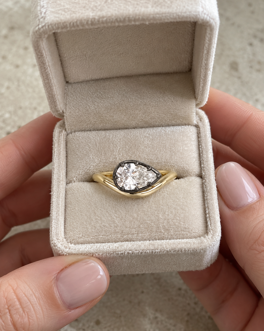 Pear Lab Grown Diamond Pinky Ring Black Gold Bezel-Prong 14K Yellow Gold IGI Certified E VVS2