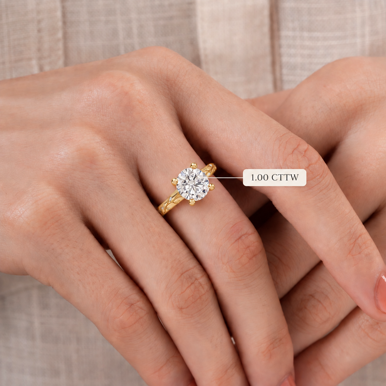 Round Lab-Grown Diamond Engagement Ring, 18K Yellow Gold, Nature-Inspired Engraved Band