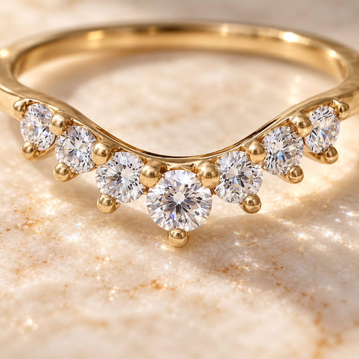 Round Lab Grown Diamond Curved Wedding Band – 7 Stone Graduated 14K Yellow Gold