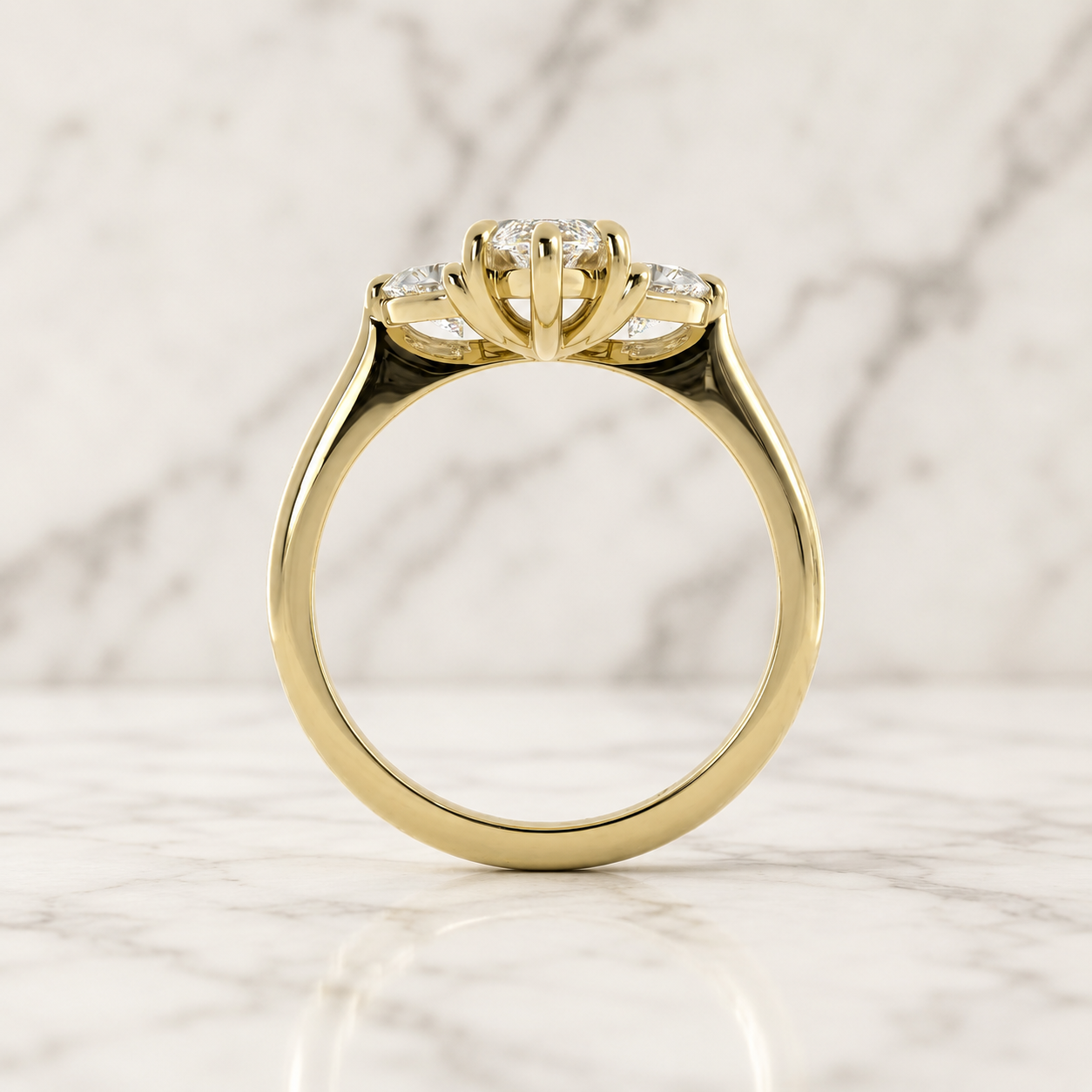 Marquise Lab Grown Diamond Engagement Ring Three Stone Basket 14K Yellow Gold Half-Moon Accents E/VVS2