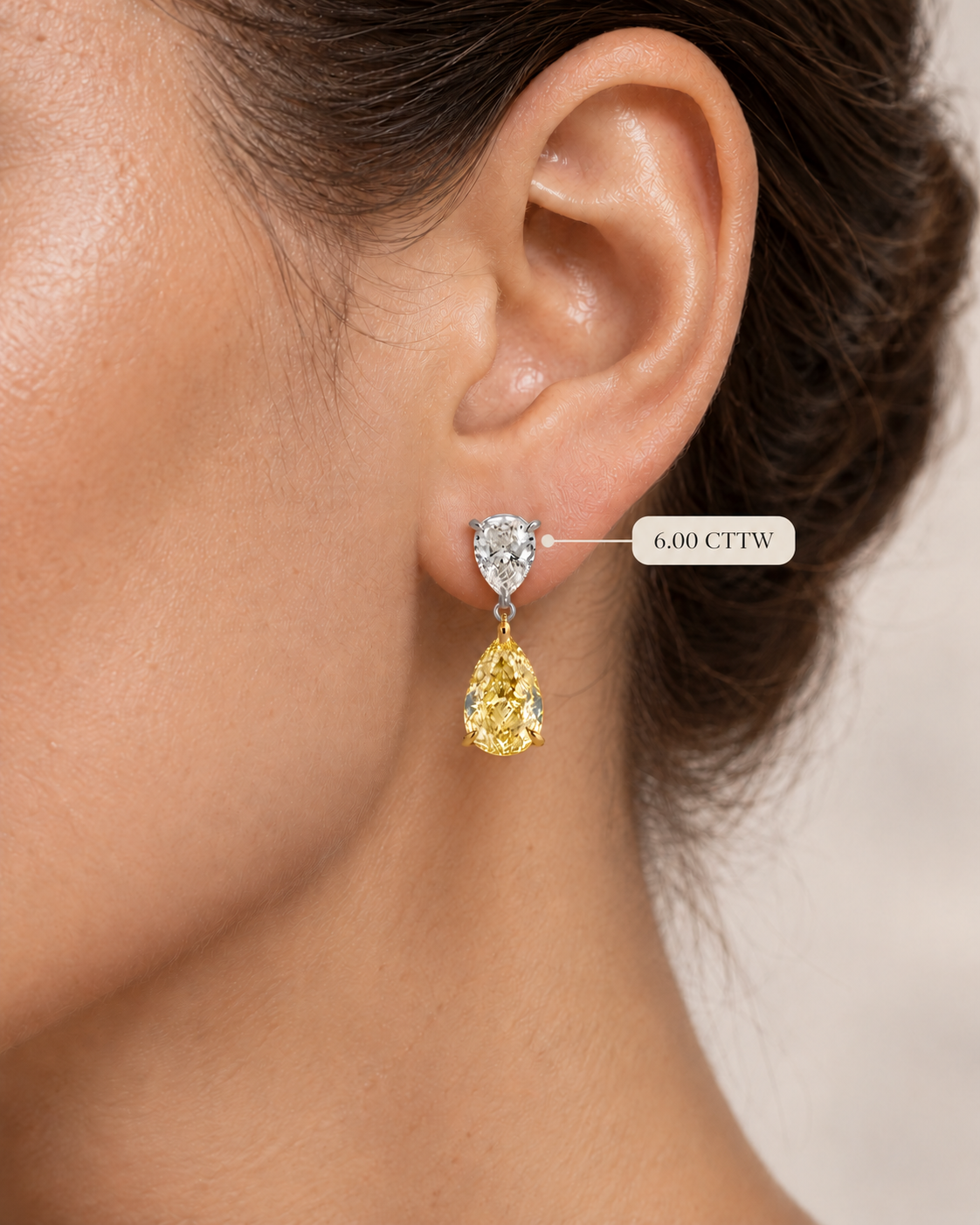 Fancy Yellow Pear Lab Grown Diamond Drop Earrings Two Stone 14K Two-Tone Gold Dangle Earrings