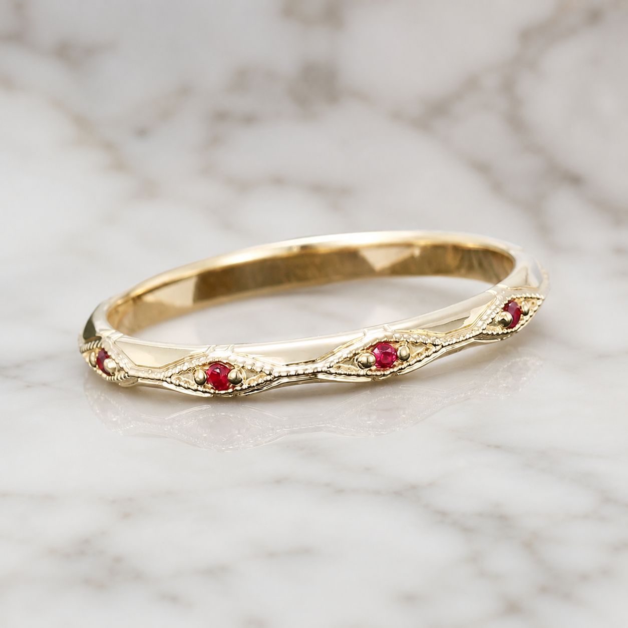 Ruby Lab Grown Promise Ring – Vintage Milgrain Dainty Band – Sentimental Gift for Her
