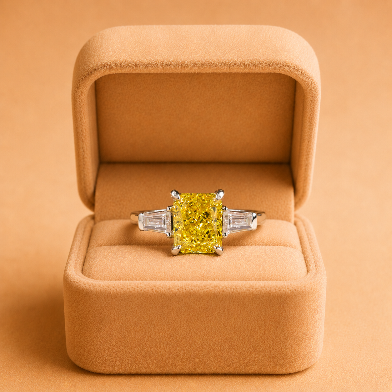 Vivid Yellow Radiant Lab Grown Diamond Engagement Ring Three Stone Baguette 14K White Gold IGI Certified 2ct