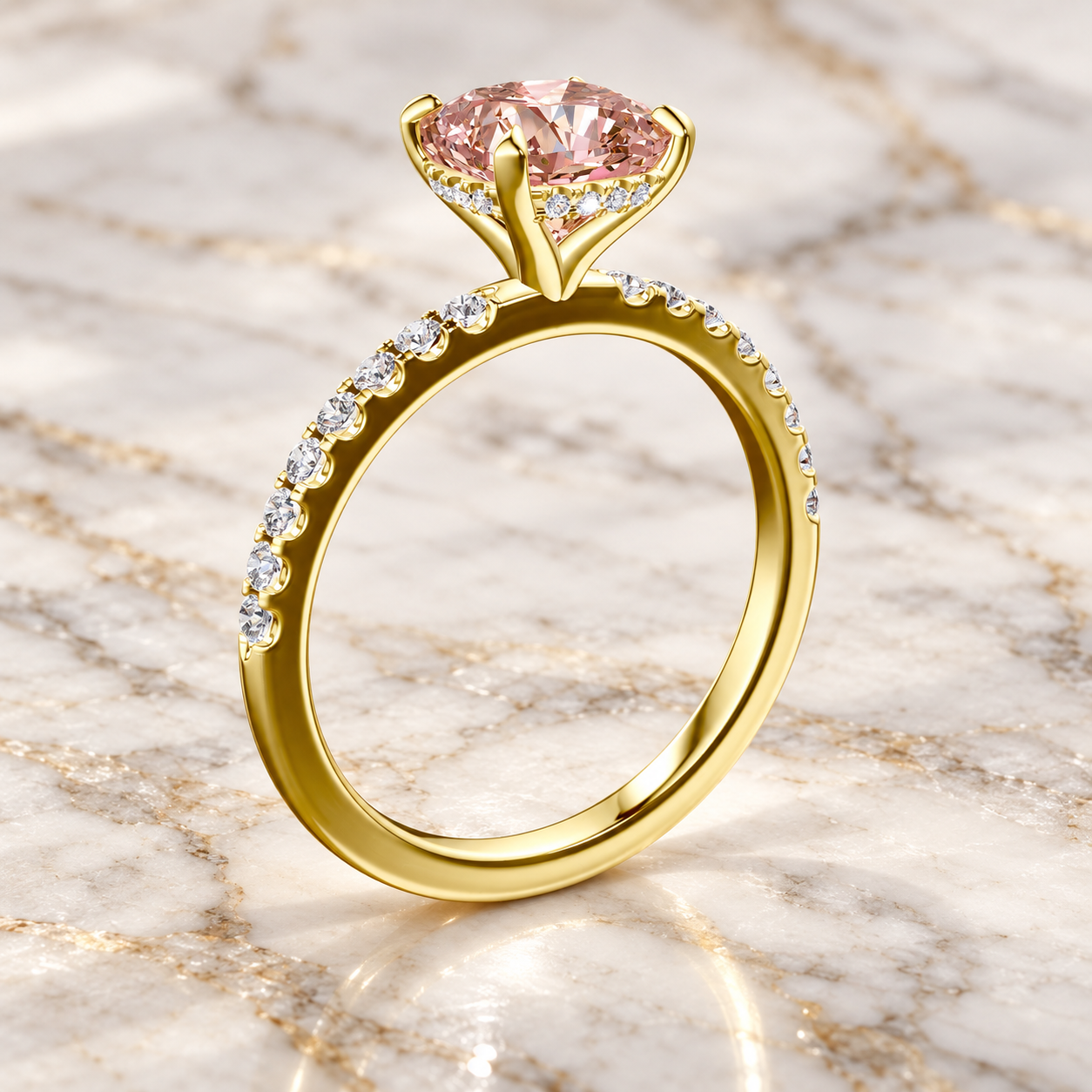 Pink Cushion Cut Lab Grown Diamond Ring, 14K Yellow Gold Pave Band (IGI Certified)