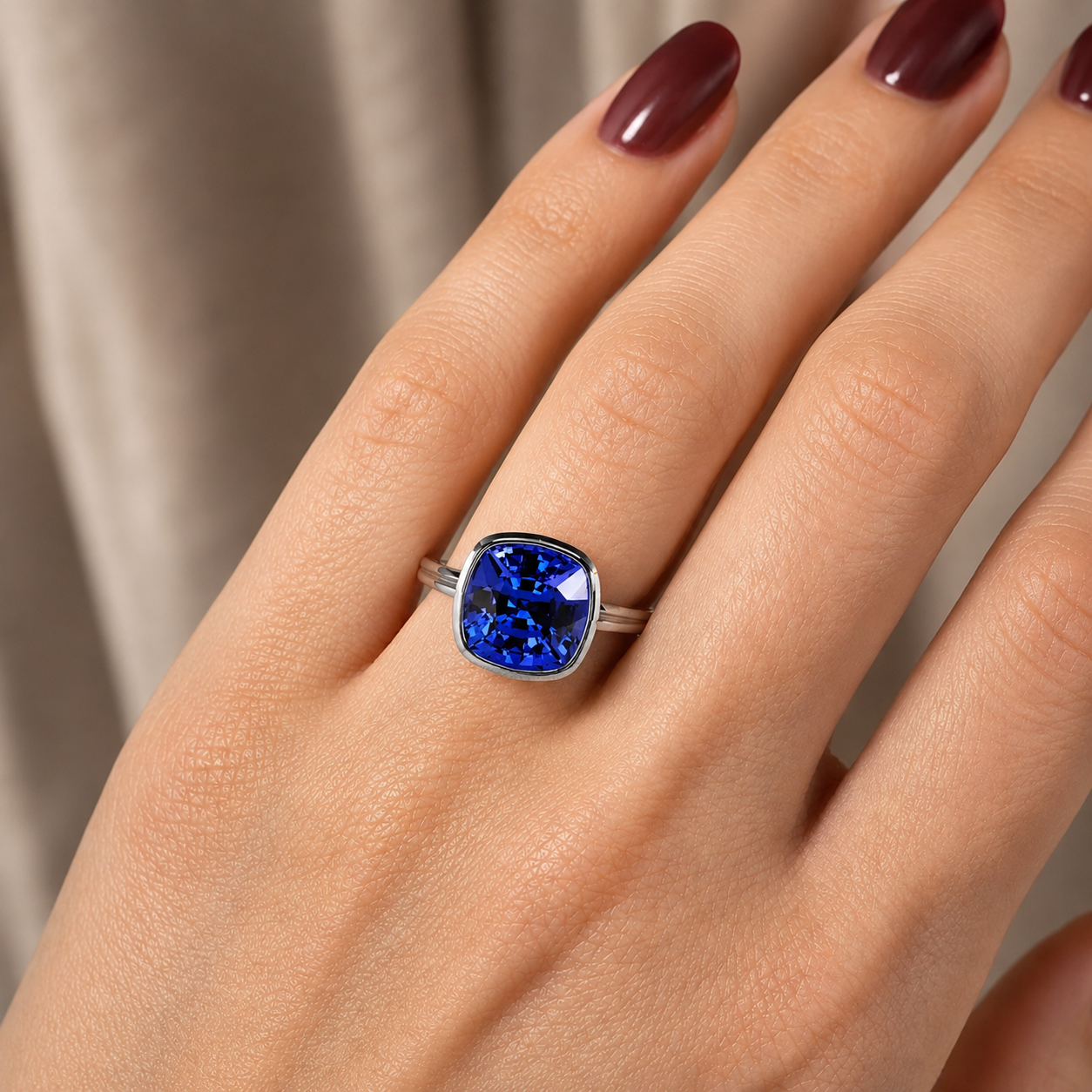 4 Carat Cushion Lab Grown Blue Sapphire Ring – 14K Gold Bezel Solitaire — view 5