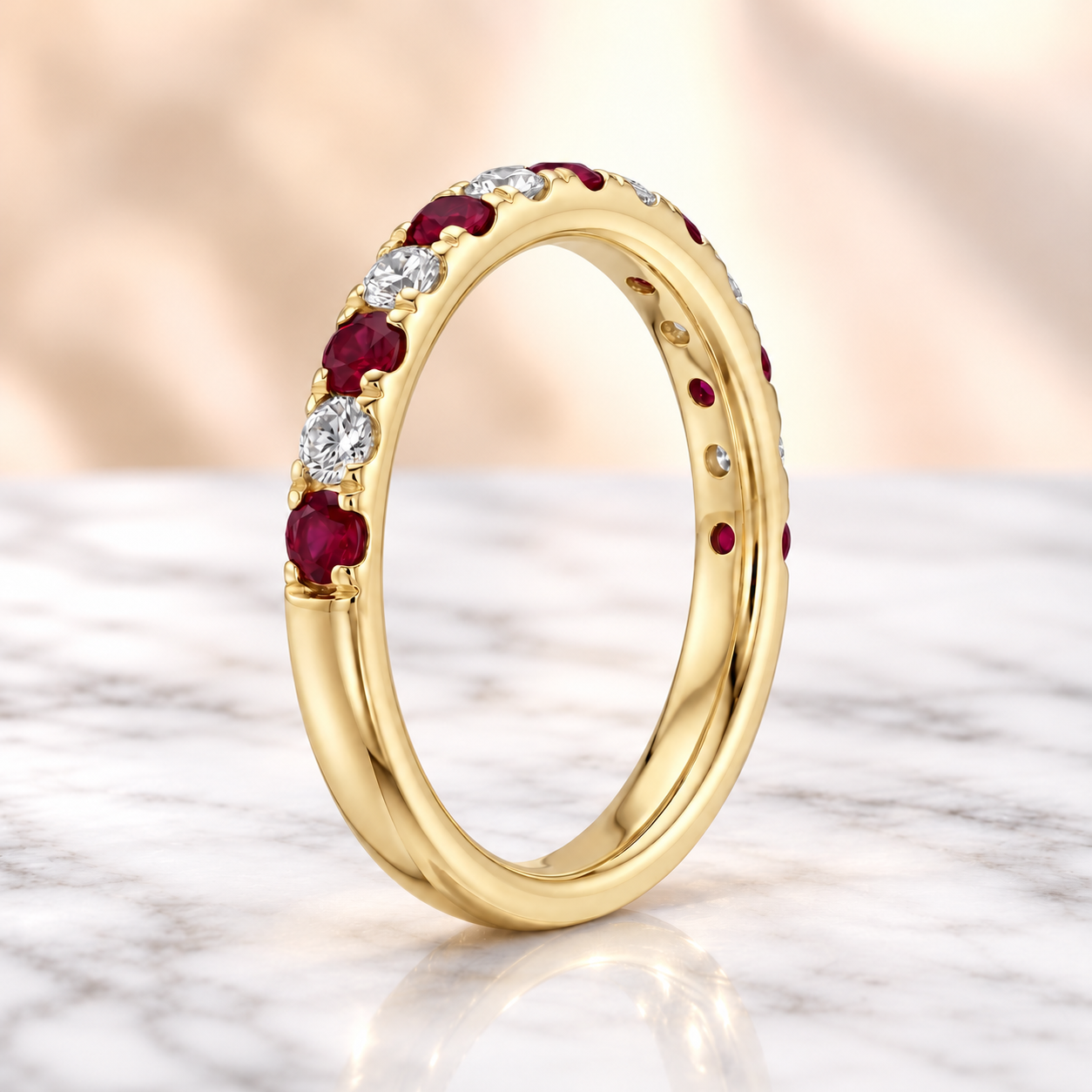 Ruby and Diamond Wedding Band Alternating Lab Grown Stones 14K Gold Stackable Anniversary Ring