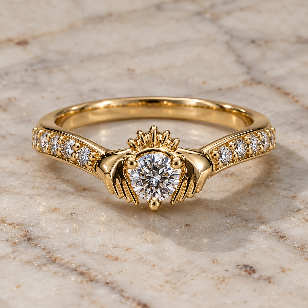 Round Lab Grown Diamond Claddagh Engagement Ring Pave 14K Yellow Gold IGI Certified