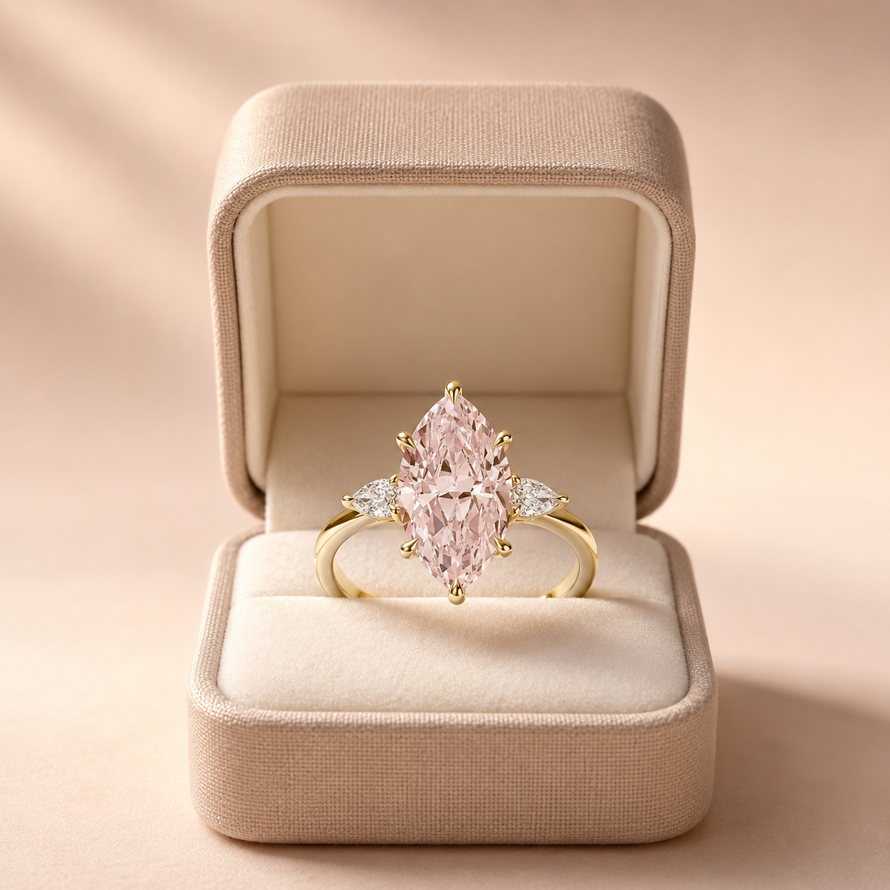 Pink Marquise Lab Grown Diamond Engagement Ring Three Stone 14K Yellow Gold Pear Side Stones