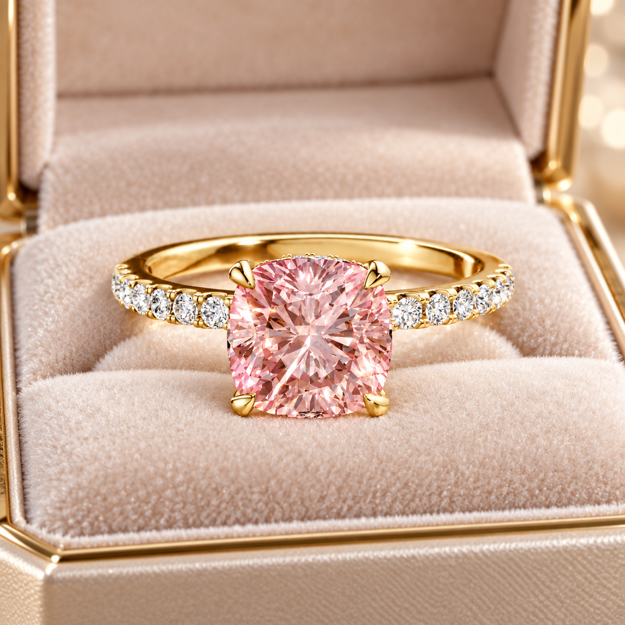 Pink Cushion Cut Lab Grown Diamond Ring, 14K Yellow Gold Pave Band (IGI Certified)