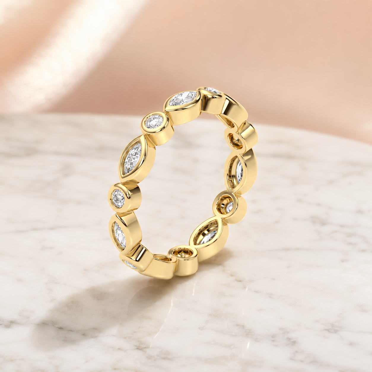 Marquise & Round Lab Grown Diamond Full Eternity Band – 14K Yellow Gold Bezel Set — view 4