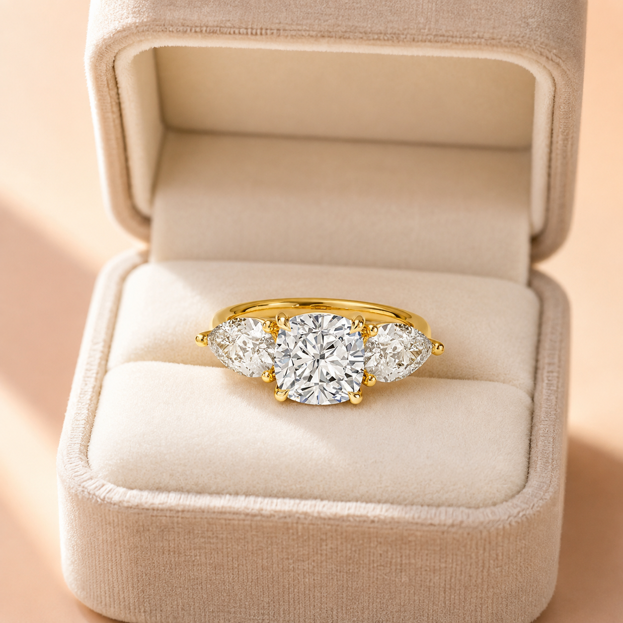 Cushion Lab Grown Diamond Engagement Ring Three Stone 14K Yellow Gold Pear Side Stones 1.3 Carat