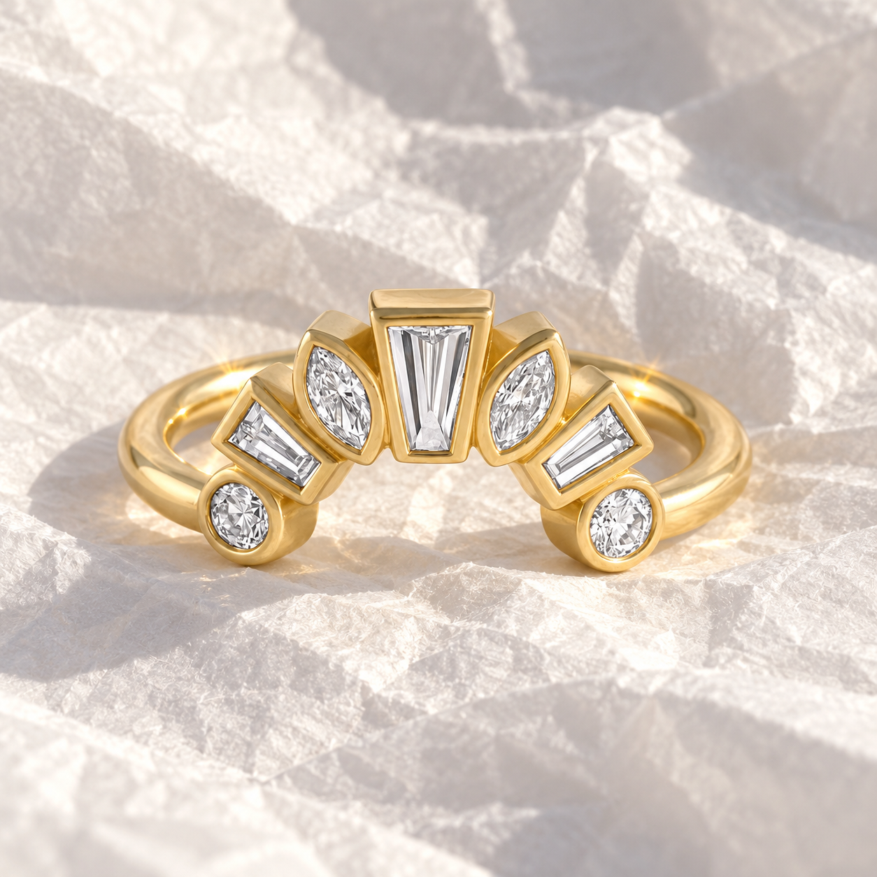 Bezel Set Diamond Ballerina Band Marquise Baguette Crown Ring 14K Yellow Gold Stacking Band