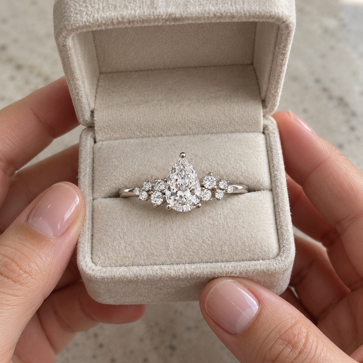 Pear Lab Grown Diamond Cluster Engagement Ring Side Stone 18K Rose Gold E VVS2, IGI Certified