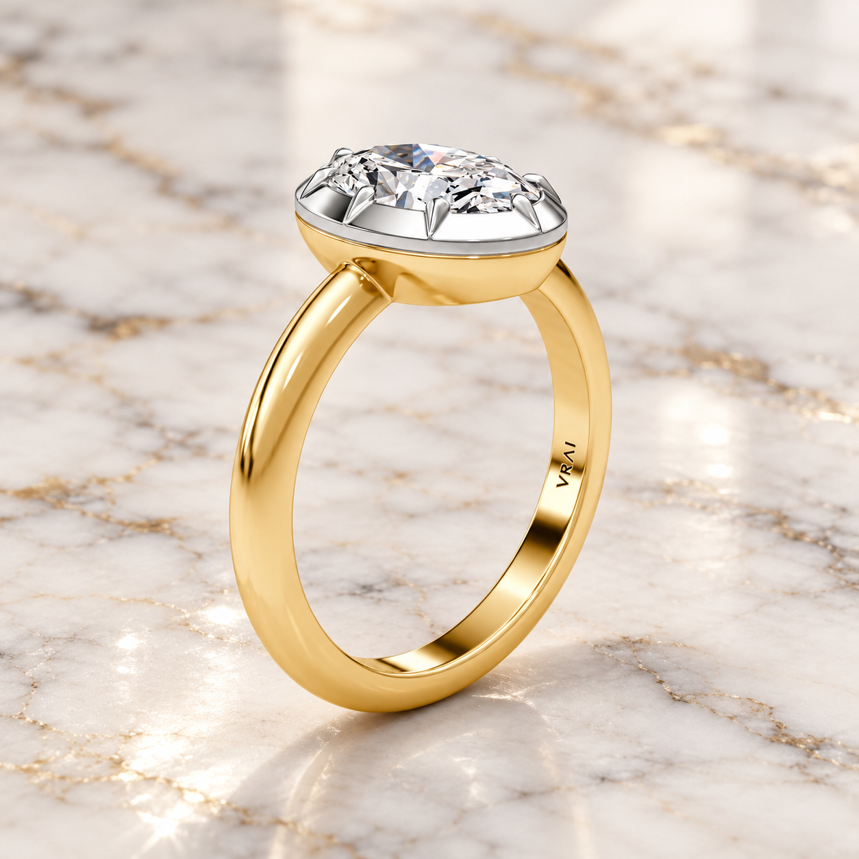 Oval Cut Lab Grown Diamond Engagement Ring Solitaire Platinum & Yellow Gold Vintage Bezel Setting