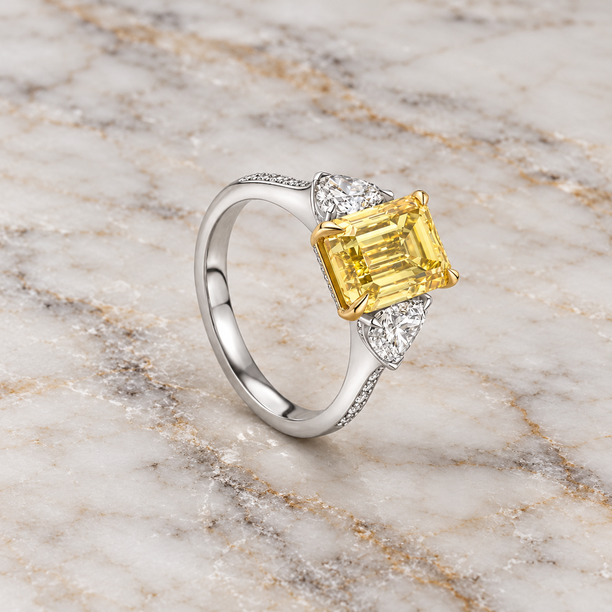 Yellow Lab Grown Diamond Engagement Ring Emerald Cut Three Stone Platinum IGI Certified Fancy Yellow
