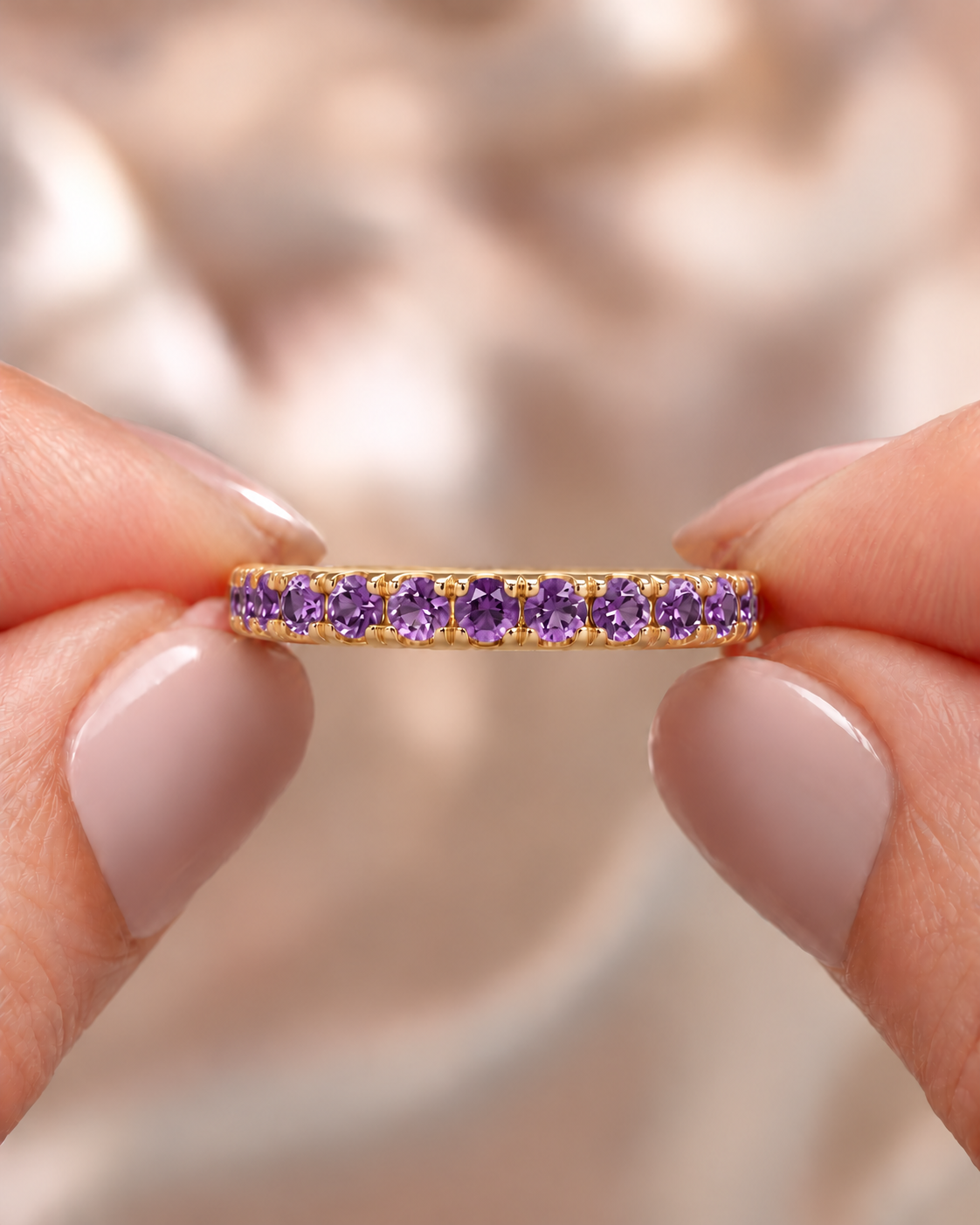 Amethyst Lab Grown Diamond Pave Wedding Band Prong-Set 14K Yellow Gold Stackable Ring for Her