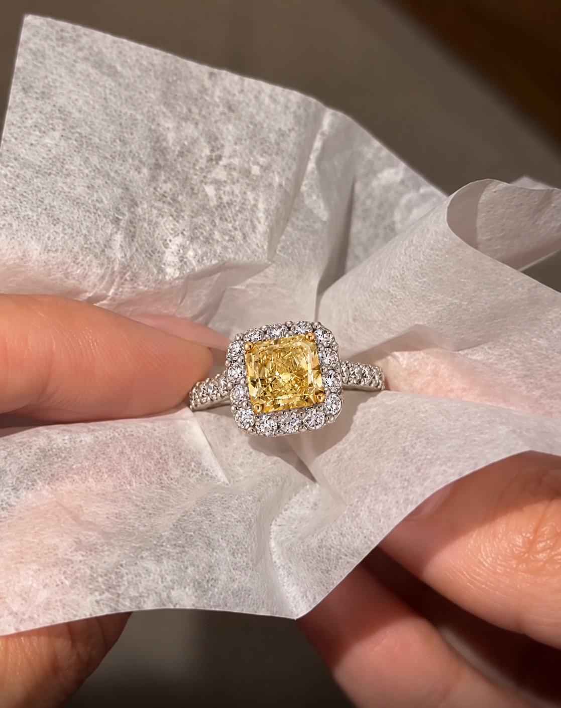 Yellow Radiant Lab Grown Diamond Engagement Ring Pavé Halo 14K White Gold IGI Certified
