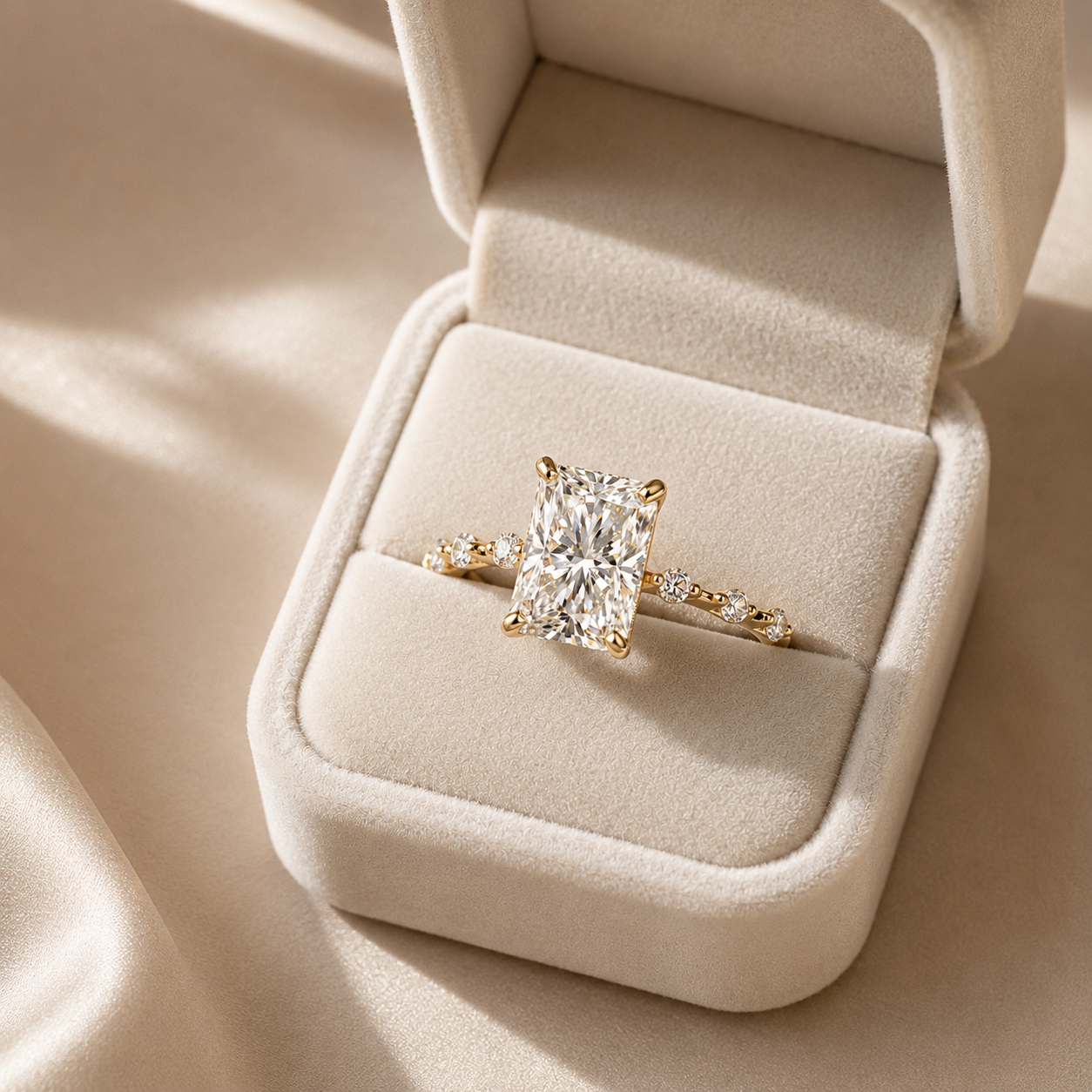 Radiant Cut Lab Grown Diamond Engagement Ring Four Prong 14K Yellow Gold Diamond Accent Band