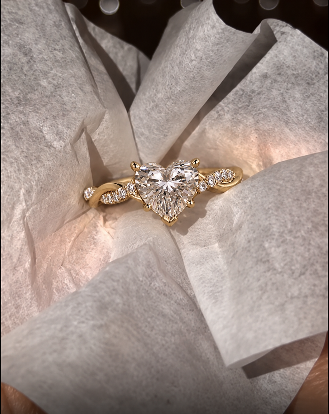 Heart Lab Grown Diamond Engagement Ring Twisted Shank 14K Yellow Gold IGI Certified E VVS2