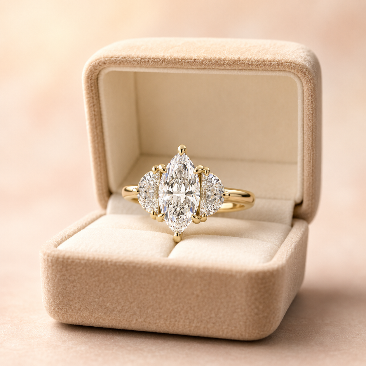 Marquise Lab Grown Diamond Engagement Ring Three Stone Basket 14K Yellow Gold Half-Moon Accents E/VVS2