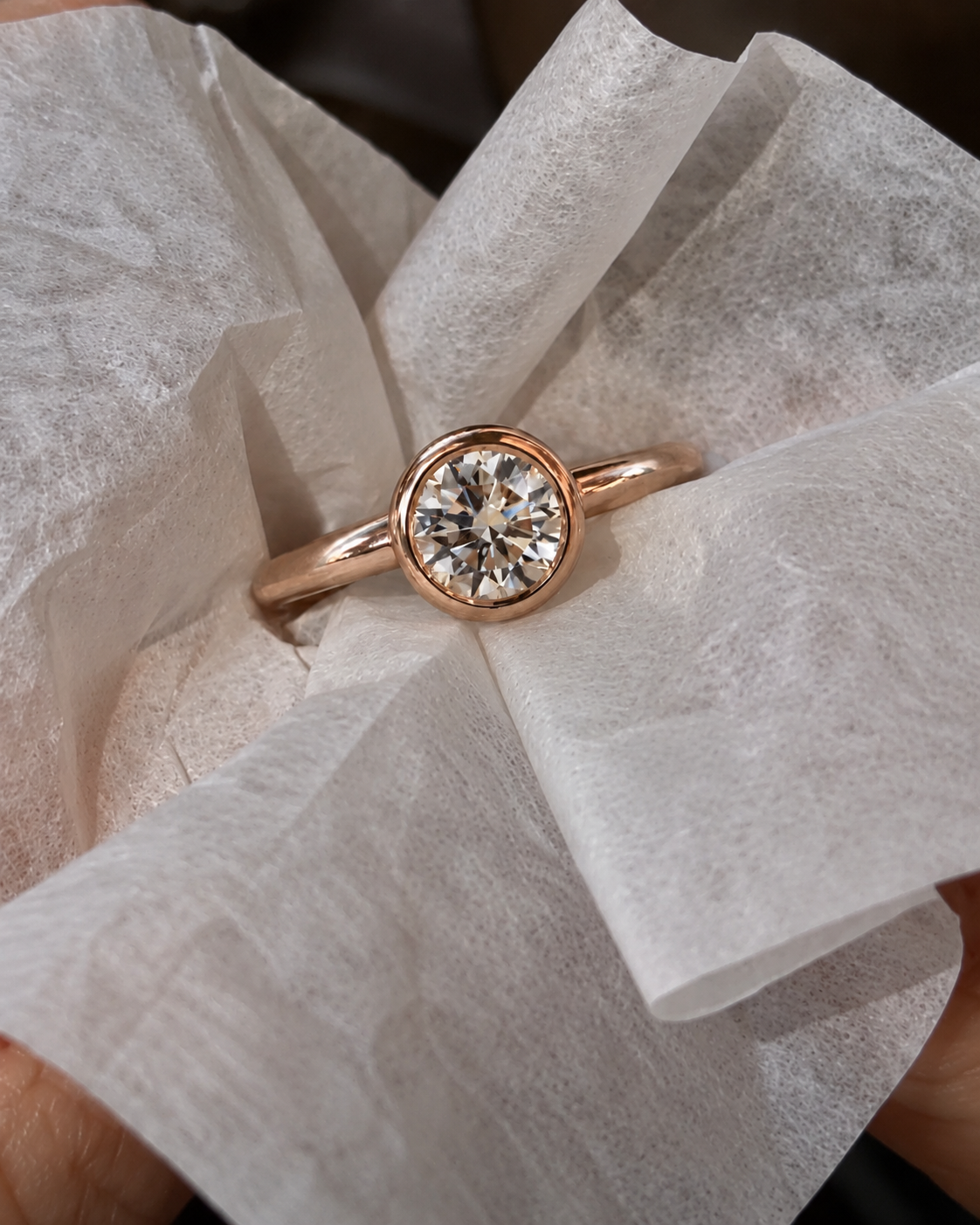 Round Lab Grown Diamond Engagement Ring Bezel Solitaire 14K Rose Gold IGI Certified E VVS2