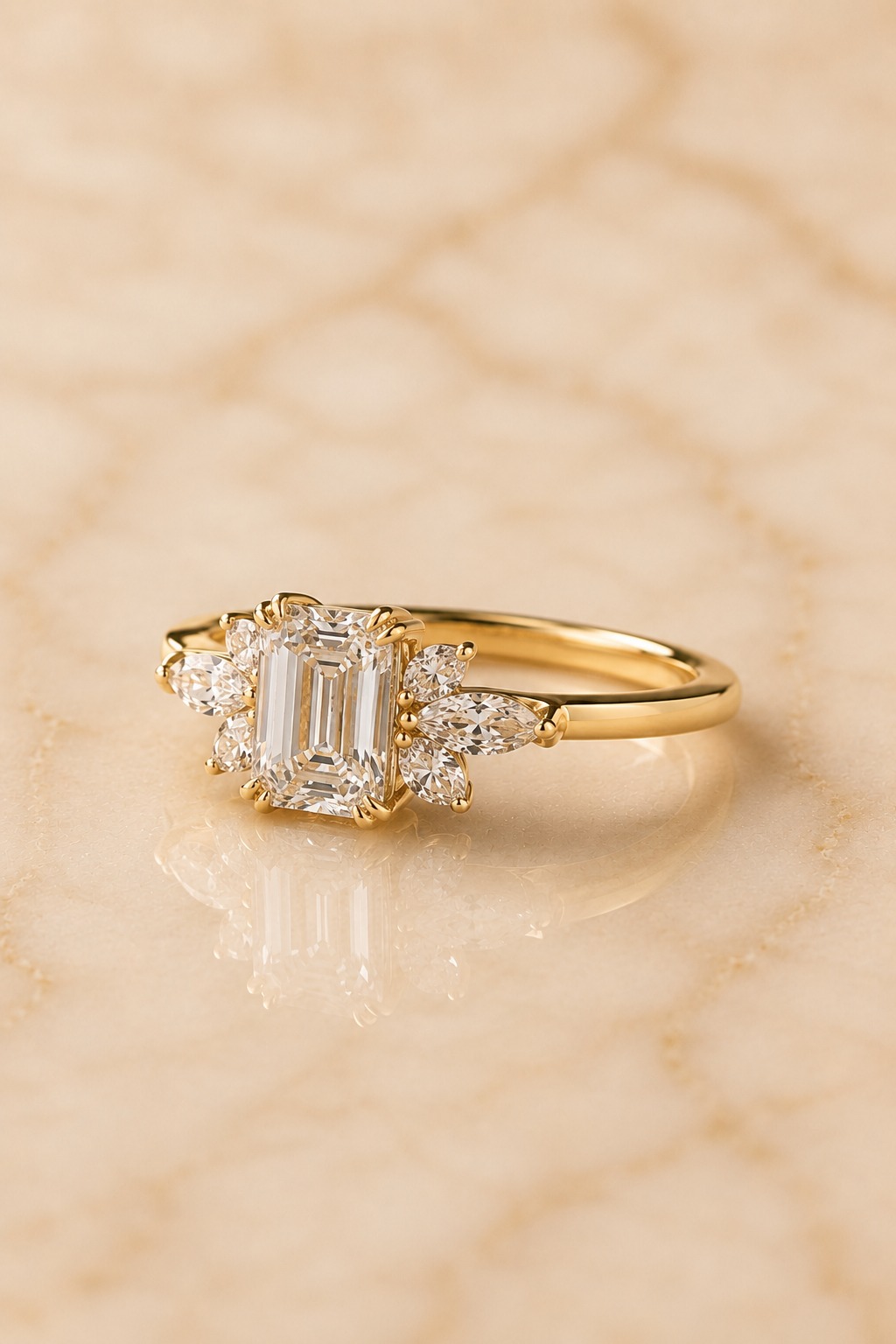 Emerald Cut Lab Grown Diamond Engagement Ring Marquise Halo 14K Yellow Gold – 1.5 Carat
