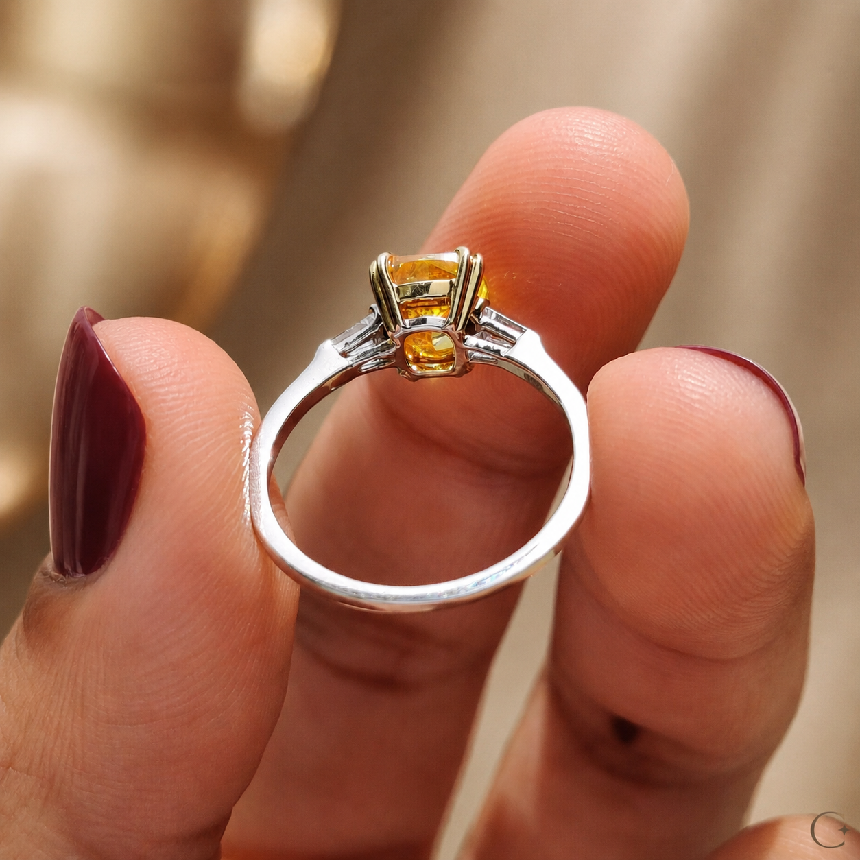 Yellow Cushion Lab Grown Diamond Engagement Ring Three Stone 14K White Gold Tapered Baguette, IGI Certified