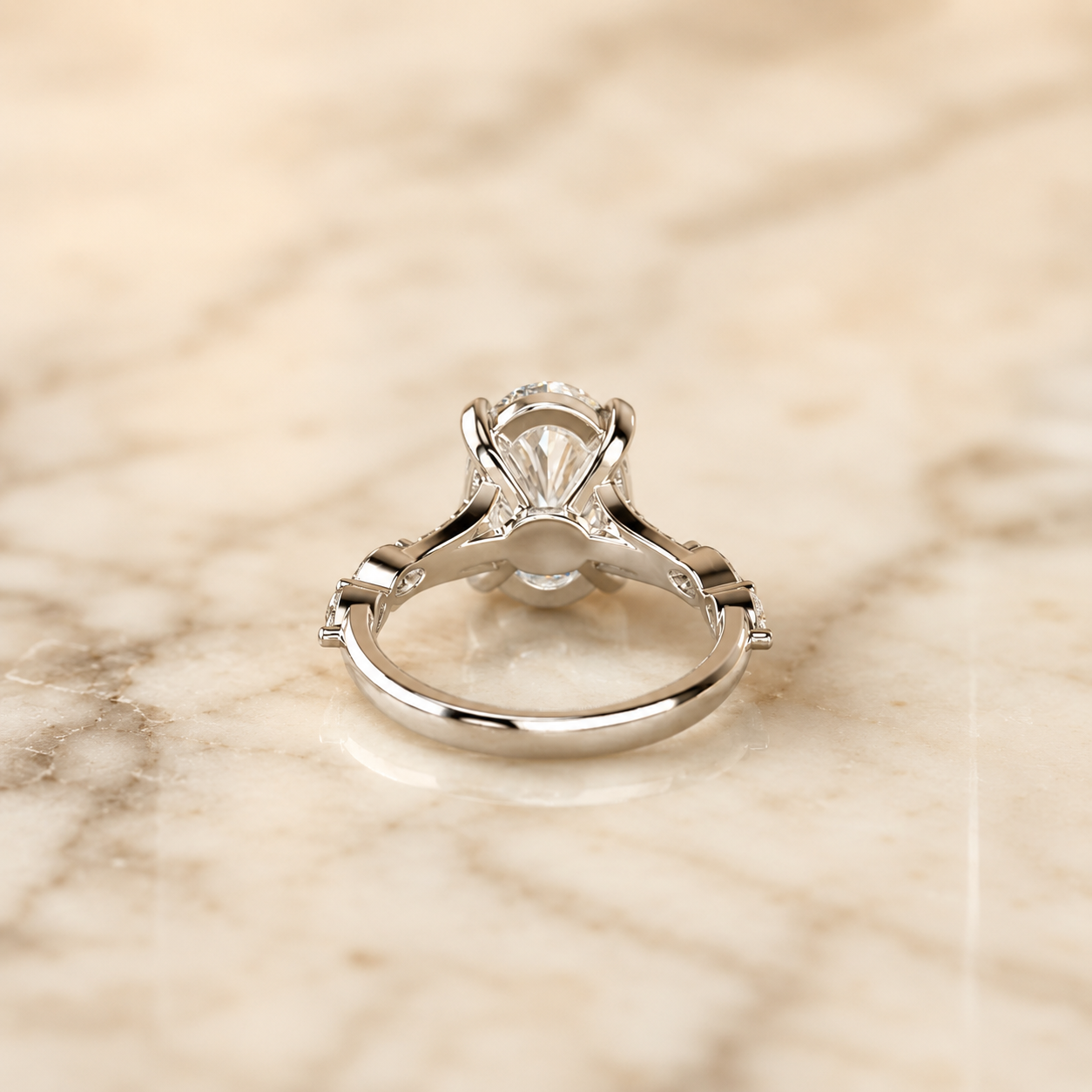 Oval Lab Grown Diamond Engagement Ring Marquise & Round Side Stones 14K White Gold E VVS2 1Ct Center