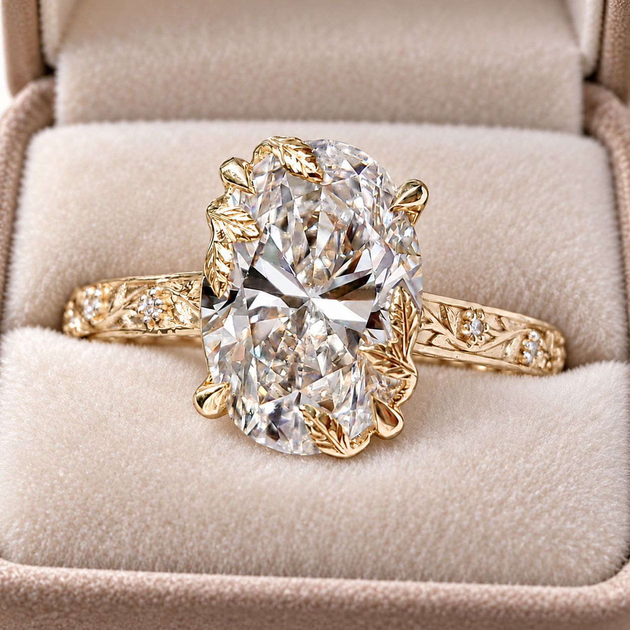 Oval Lab Grown Diamond Engagement Ring Nature Vintage Euro Shank 14K White Gold IGI Certified 2 Carat