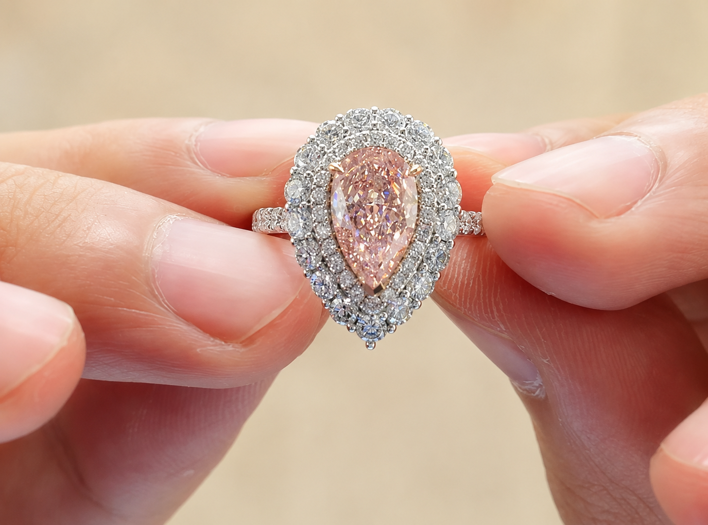 Pink Pear Lab Grown Diamond Engagement Ring Double Halo Two-Tone 14K Gold Rose Gold Prongs