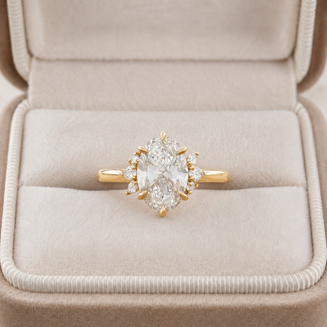 Oval Lab Grown Diamond Engagement Ring Cluster Pear Accent 14K Yellow Gold IGI Certified E VVS2