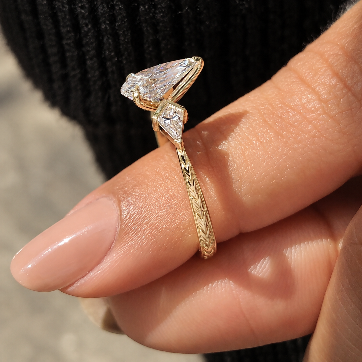 Pear Lab Grown Diamond Engagement Ring Three Stone Kite Side 14K Yellow Gold IGI Certified