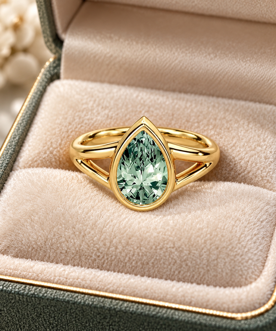 Pear Green Lab Diamond Engagement Ring, 14K Yellow Gold Bezel Split Shank