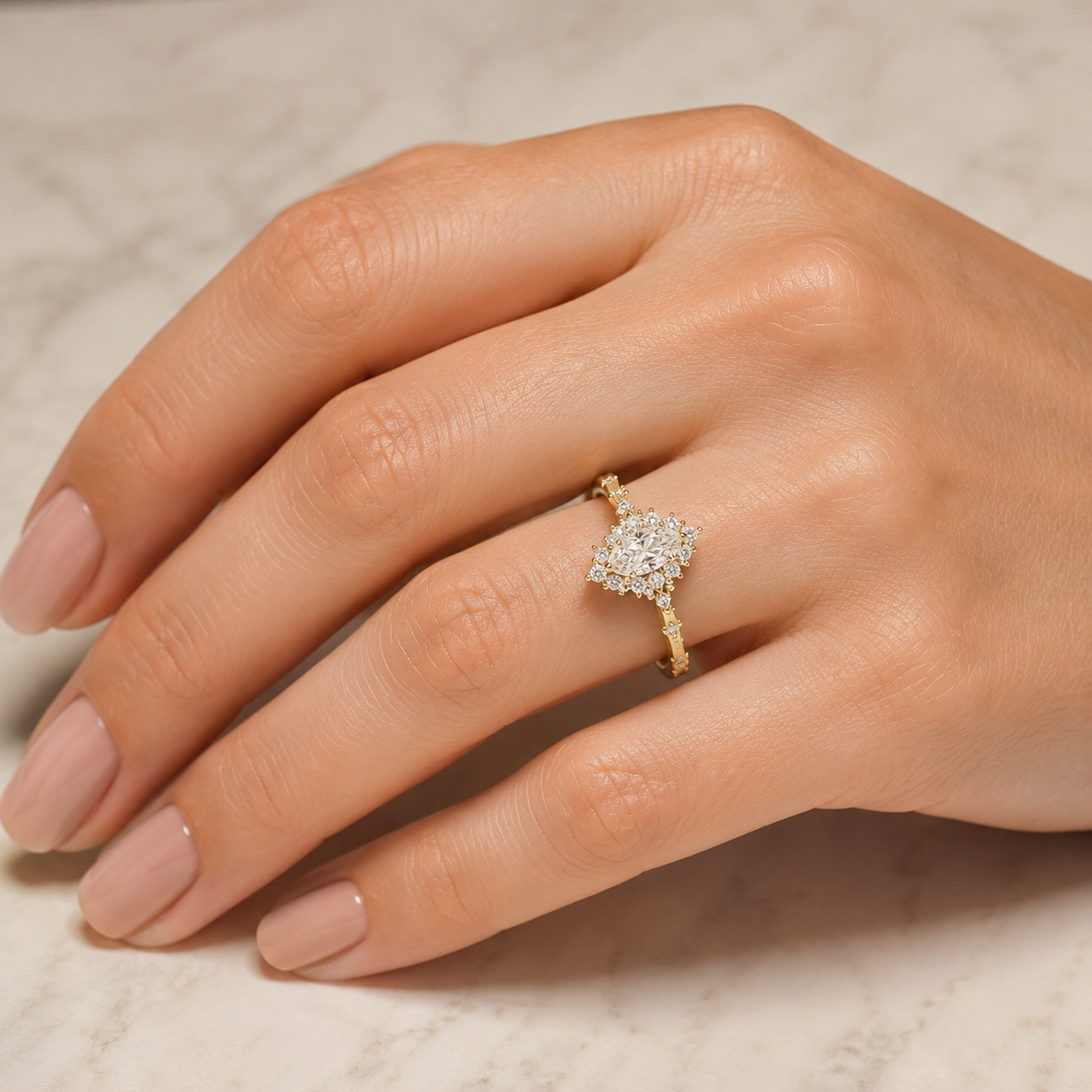Marquise Lab Grown Diamond Engagement Ring  Vintage Alternating Halo Solid Gold E VVS2 Accent Diamonds